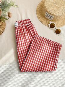 SHEIN LMoss Young Girl Woven Plaid Loose Casual Pants - Red - View 5