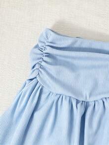 Tween Girls Ribbed Cropped Waist T-Shirt And Pleated Mini Skirt Set - Blue - View 4