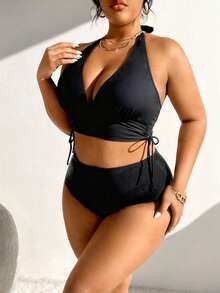Swim Lushoire Plus Size Solid Color Ruched Halter Tie Sexy Bikini Two-Piece Swimsuit Set - Black - View 6