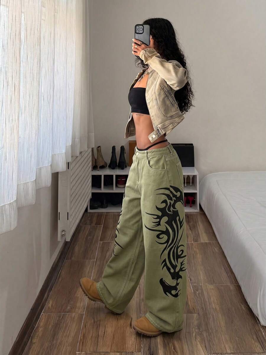 StreetHx Plus Size Fashion 2000s 90s Vintage Retro Print Curved Leg Wide Leg Jeans Date Night Green Summer - Olive Green - View 1