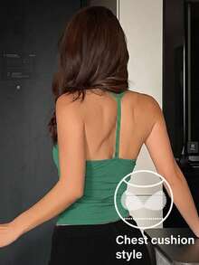 DAZY Women's Red Knitted Sleeveless Camisole Tank Top With Built-In Padding, Fitted Short Length Inner Layer - Green - View 2