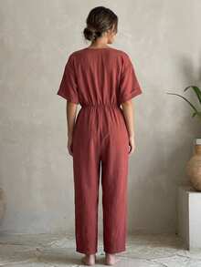 Livesso Women's Solid Color V-Neck Pleated Casual Daily Home Wear Jumpsuit - Burgundy - View 2