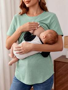 SHEIN Maternity Nursing Solid Color Ribbed Casual T-Shirt World Cup - Mint Green - View 2
