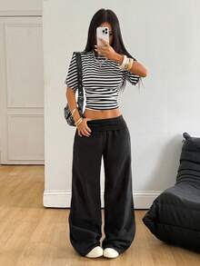 Coolane 夏季女款街頭風休閒波西米亞極簡水洗100%純棉黑色寬腿長褲，度假女裝 - 黑色 - 查看 4