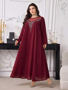 Al Najma Plus Size Women's Round Neck Long Sleeve Arabian Dress - Red Violet - View 8