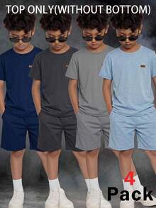 SHEIN Kids Tween Boy 4pcs/Set Solid Color Basic Crew Neck Short Sleeve T-Shirt Knit Top Multi-Piece Set, Comfortable Casual Versatile Fashion Suitable For Spring/Summer Indoor Daily And Outdoor Activities - Multicolor - View 2