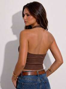 Conjunto de 2 tops cortos de punto acanalado con cuello de halter para mujer, top básico de verano de ajuste ceñido y elástico - Café integral - Ver 2