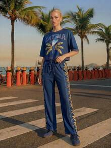 CAJUNI Celana Jogging Wanita dengan Tali Serut, Motif Bordir Pohon Kelapa, Kasual, Serbaguna untuk Pemakaian Sehari-hari - Navy Blue - View 4