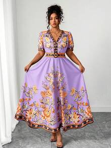 SHEIN Clasi 大尺碼女款泰國馬爾地夫海灘早午餐婚禮賓客波希米亞風印花V領荷葉袖夏季長洋裝 藍黃配色 - 淡紫色 - 查看 4