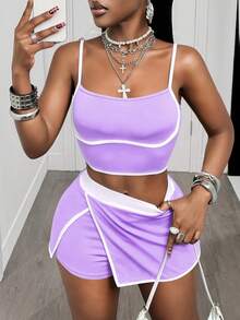 Mistrie Women's Colorblock Ultra Short Top And Shorts Minimalist Slim Fit Sports Set - Mauve Purple - View 5