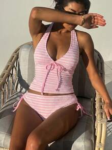 Swim Mod 女款條紋拼接掛脖綁帶背心上衣與三角比基尼泳褲比基尼套裝 - 粉色 - 查看 3