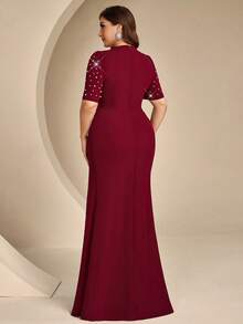 Coutiva Plus Size Women's Faux Pearl Decorated Side Slit Hem Elegant Classy Formal Wedding Evening Gown (Heavy Workmanship) Burgundy Autumn Wedding - Burgundy - View 2
