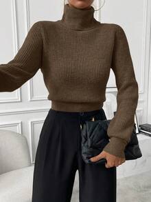 SHEIN 秋冬休閒百搭純色高領毛衣 - 棕色 - 查看 2