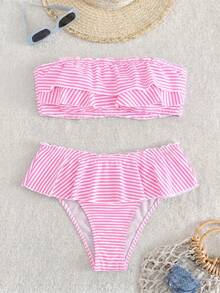 Swim Mod Set Bikini 2 Potong Wanita, Atasan Bandeau dengan Motif Polkadot di Seluruh Permukaan, Rok Ruffle Pinggang Rendah, Pakaian Renang Liburan Kasual - MultiWarna - View 3