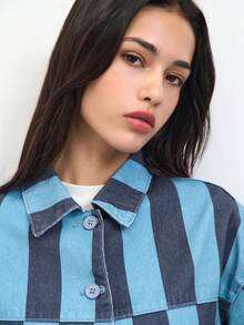 Nöista Women's Striped Cropped Jacket In Warm Pink And Rust Tones With Contrast Patch Pockets And Relaxed Fit. Lightweight Cotton Fabric With Button-Front Closure And Modern Boxy Silhouette-Perfect For Spring Layering, Casual Chic Outfits, Everyday Wear, Summer Styling, And Transitional Seasons. - Blue - View 5