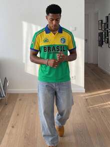 Gritte Field Football Soccer Jersey  Brazil  World CupStyle Polo Shirt, Yellow-Green Contrast Color, BRASIL Letter & Five-Star Badge Print, Loose Casual Sports Top, Men/Women Graphic T-Shirt, Football/Soccer Merchandise Summer Tops  World Cup  Summer Tops  Tops For Women  Summer Clothes  Tshirts For Women Brazilian Jersey Brazil T Shirt South America Shirt - Multicolor - View 5