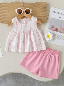 SHEIN Baby Girl Summer Round Neck Sleeveless Bow Print Top With Solid Color Elastic Waist Loose Shorts Sweet Cute 2pcs Set - Multicolor - View 2