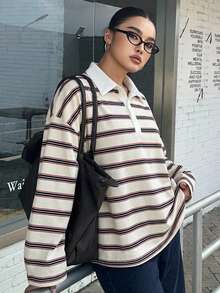 Dazy Plus 寬鬆街頭風拼色條紋 Polo 領長袖大尺碼女款 T 恤，秋季校園風 - 白色 - 查看 7