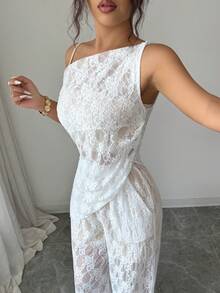 SHEIN Elenzya Women's Elegant Lace Daily Versatile Outfit Set Night Out White Beige Summer - White - View 4