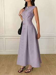 Solavon Stylish Striped Maxi Dress For Women Pleated A Line Sleeveless Design Perfect For Spring And Summer Outfits - Purple - View 3