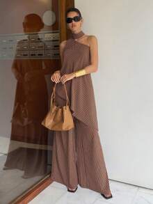 Firerie Brown Striped Neckless Sleeveless Top And Long Pants Set Light Weight One Shoulder Pallazo Pants Festival Outfits Bussines Casual Summer Going Out - Brown - View 5