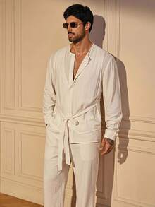 SIGLOCORE Men's Loose Design Tie-Up Long Sleeve Shirt With Layered Look, Spring/Summer Men Resort Wear - White - View 1