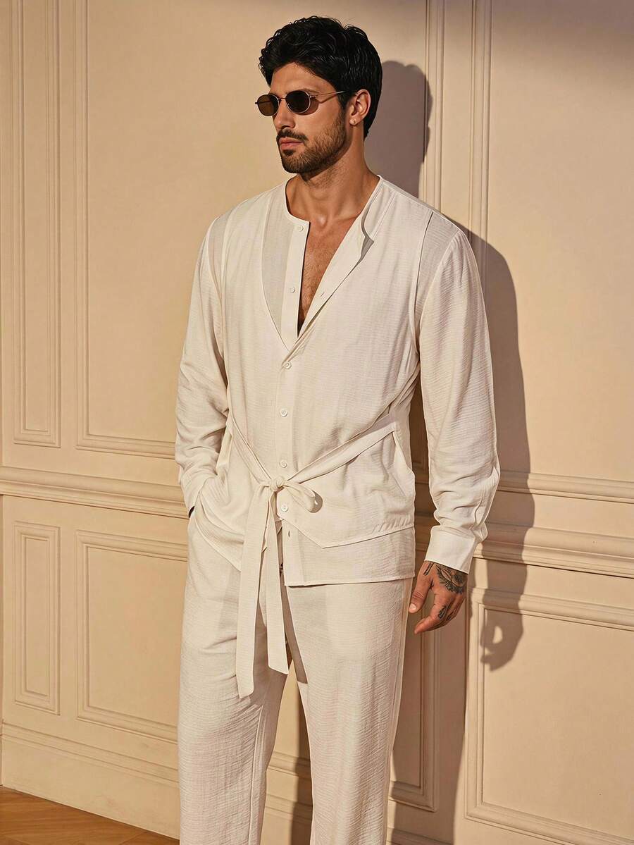 SIGLOCORE Men's Loose Design Tie-Up Long Sleeve Shirt With Layered Look, Spring/Summer Men Resort Wear - White - View 1
