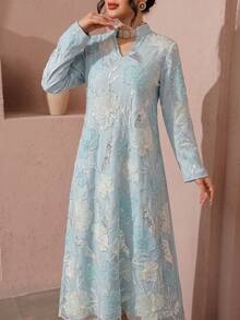 SHEIN Najma 女款刺繡珠飾網布休閒寬鬆日常長款睡袍 - 淺藍色 - 查看 6