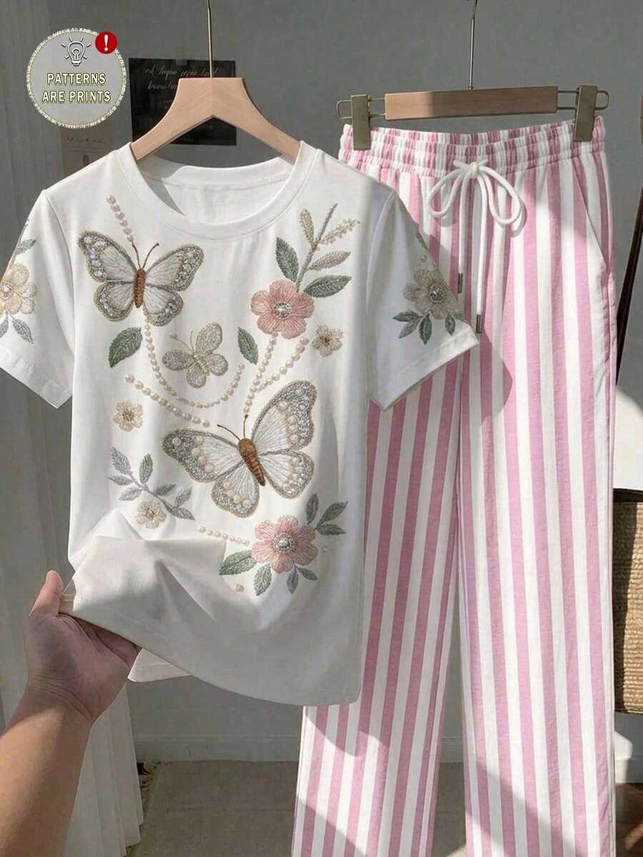 SHEIN Essnce 2件組刺繡圓領短袖上衣與條紋印花長褲,休閒風 - 彩色 - 查看 1
