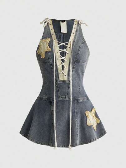Street Life Damen Denim Kleid Sexy Stern Y2K Subkultur personalisiertes Mädchen Gruppe Schnürung tiefer V-Ausschnitt