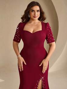 Coutiva Plus Size Women's Faux Pearl Decorated Side Slit Hem Elegant Classy Formal Wedding Evening Gown (Heavy Workmanship) Burgundy Autumn Wedding - Burgundy - View 3