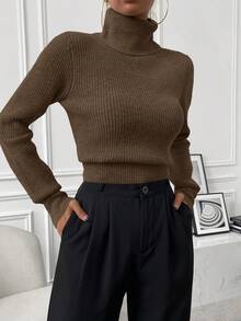 SHEIN 秋冬休閒百搭純色高領毛衣 - 棕色 - 查看 7