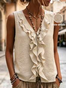 Balvessa Blusa casual de verano para uso diario cómoda con cuello en V, volantes fruncidos y sin mangas - Albaricoque - Ver 1