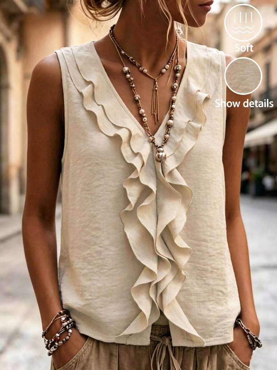 Balvessa Blusa casual de verano para uso diario cómoda con cuello en V, volantes fruncidos y sin mangas - Albaricoque - Ver 1