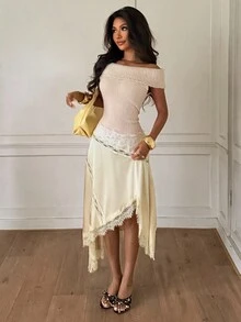 Siren Gaze Fall Autumn Satin Yellow Women Lace Trim Patchwork Casual Asymmetrical Skirt Festival Halloween Back To School Party Wedding Birthday Elegant Formal - Light Yellow - View 4