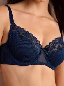 Charlaine Women's Solid Color Bow Decor Contrast Lace Underwire Bra - Navy Blue - View 5