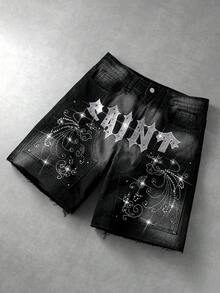 ROMWE MEN Pantaloncini in denim da uomo con ricamo, dettagli in strass, tasche e bottoni - nero - Visualizzare 1