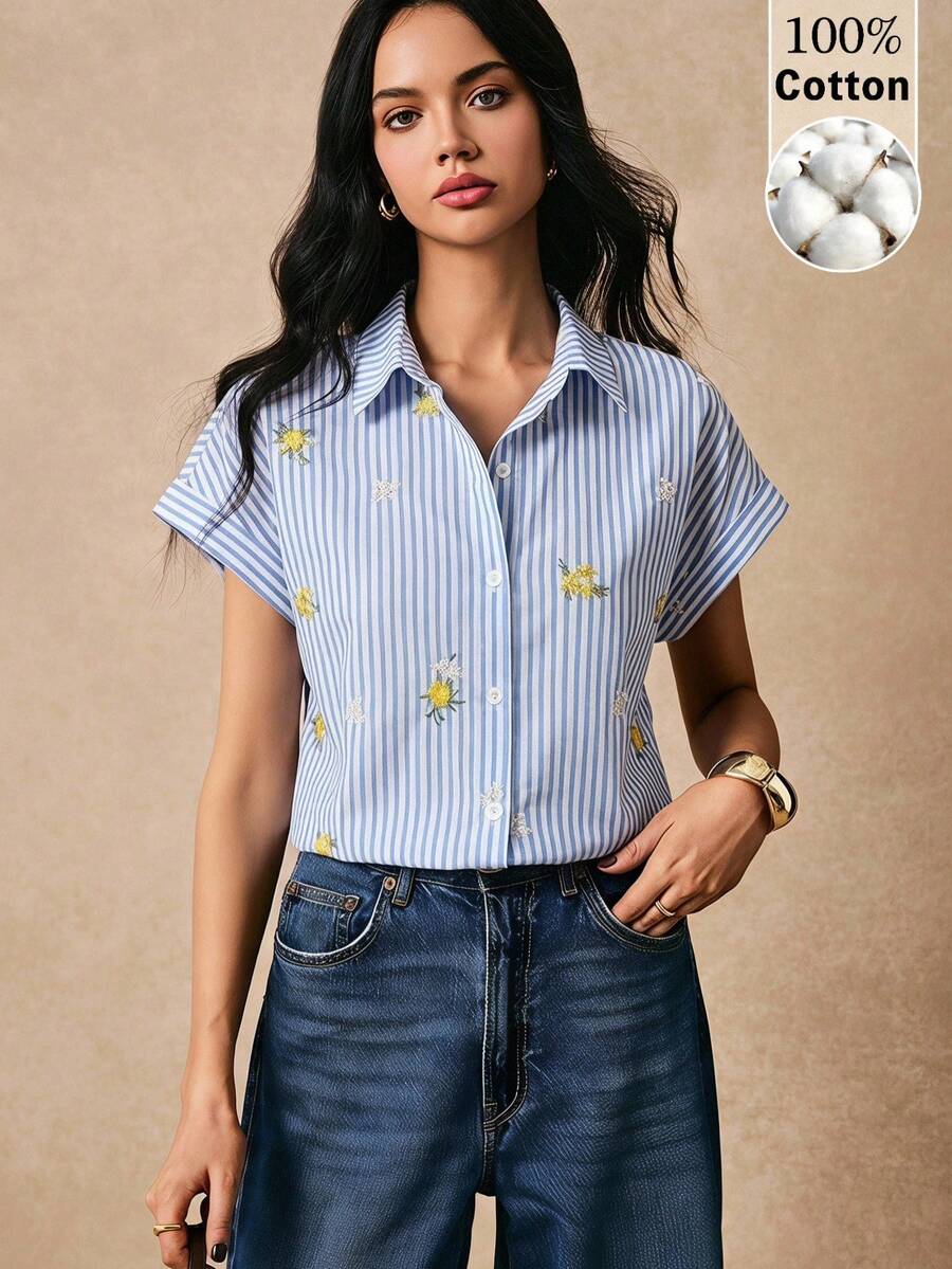 Poéselle Women's 100% Cotton Embroidered Shirt Striped Shirt For Women – Short Sleeve Button Down Blouse, Casual Summer Floral Top Striped Cotton Shirt Embroidered Blouse Women Short Sleeve Button Down Casual Summer Shirt Floral Embroidered Top Women's Cotton Blouse Blue Shirt Striped Floral Embroidered Single-Breasted Batwing Sleeve Blouse Going Out Tops - Blue - View 1
