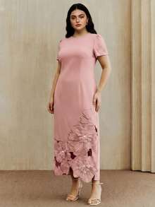 Anewsta 新款春夏加大码女装纯色直筒短袖连衣裙，镂空刺绣珍珠装饰长裙，适合春夏各种场合，如情人节、派对、度假、工作、婚礼宾客等，尽显奢华气质。 - 粉色 - 查看 5