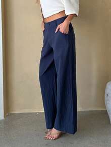 Brooke Lily Plain Casual Straight Leg Trousers With Pockets, Low-Rise - Navy Blue - View 7