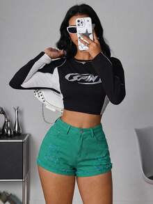 SHEIN PETITE 女款純色極簡休閒牛仔短褲，適合嬌小女性 - 綠色 - 查看 5
