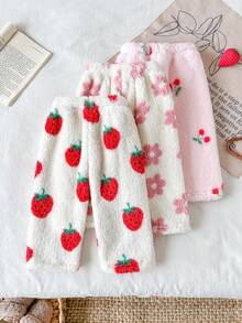 SHEIN Vintaside Kids 3件組女嬰秋冬甜美可愛草莓、櫻桃與粉色花卉圖案絨毛長褲，適合日常穿著、外出及各種室內/戶外場合 - 彩色 - 查看 5