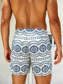 Manfinity Swimmode 男士幾何印花抽繩腰休閒沙灘短褲，夏季波希米亞度假夏威夷熱帶泳褲，情侶約會穿搭 - 寶藍色 - 查看 3