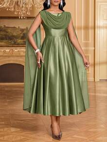 Fleurora Women's Solid Color Ruffled Neck Pleated Casual Party Mid-Length Dress, Summer,Dresses For Women Summer - Olive Green - View 7