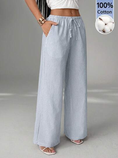 SHEIN PETITE Women's Casual Summer Outfits Drawstring Waist Striped Long Pants For Daily Wear Cotton Blend Comfortable Yarn-Dyed Striped Fabric