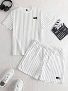 Manfinity Hypemode Casual Fashion Retro Faux Ribbed Label SO WHAT Print White Short Sleeve T-Shirt And Shorts Set, Suitable For Spring And Summer - Multicolor - View 1