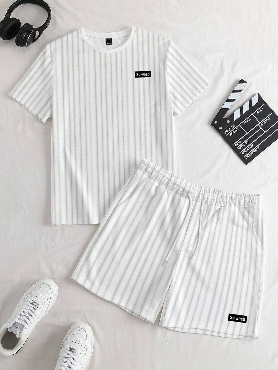 Manfinity Hypemode Casual Fashion Retro Faux Ribbed Label SO WHAT Print White Short Sleeve T-Shirt And Shorts Set, Suitable For Spring And Summer - Multicolor - View 1