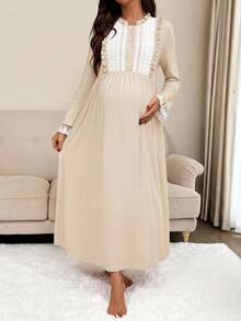 Slowluna Maternity Colorblock Lace Patchwork Dress Fall - Khaki - View 6