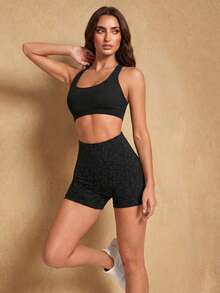 Silquee Ribbed Knit Crisscross Back Crop Sports Tank Top - Black - View 5