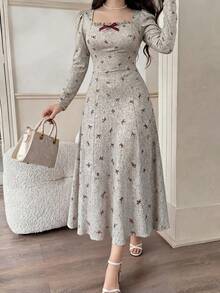 Feyla Plus Size Women's Fashion Bow Decor Square Neck Short Sleeve Dress - Multicolor - View 1